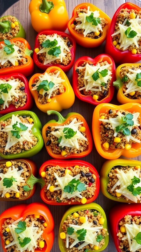 Four stuffed bell peppers filled with quinoa, black beans, and corn, garnished with herbs on a wooden table.